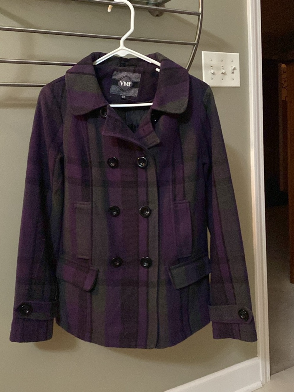 YMI Purple and Black Plaid Double-Breasted Peacoat